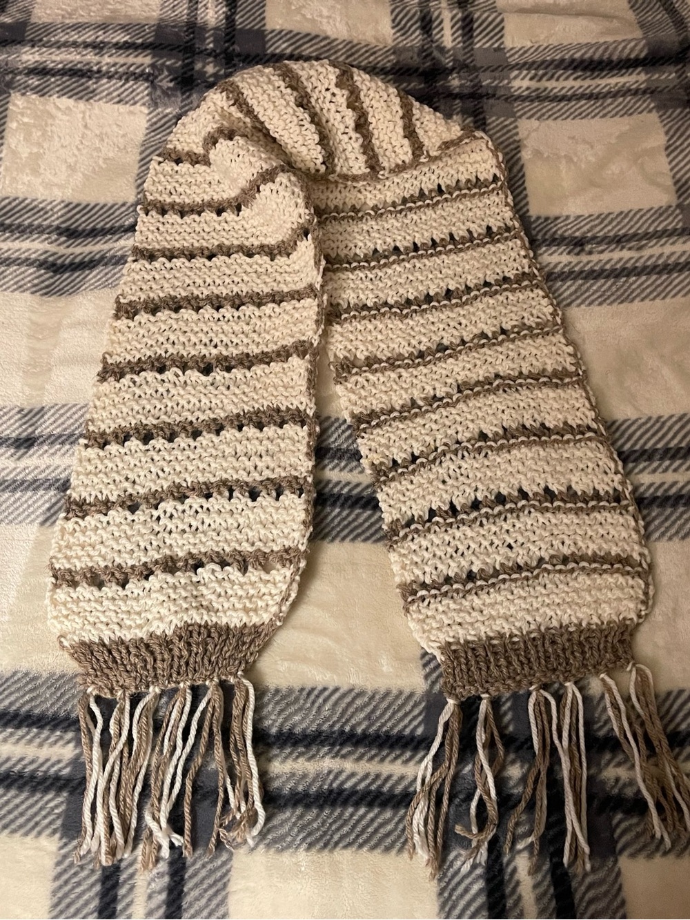Handmade Cream & Brown Striped Knit Scarf with Fringe